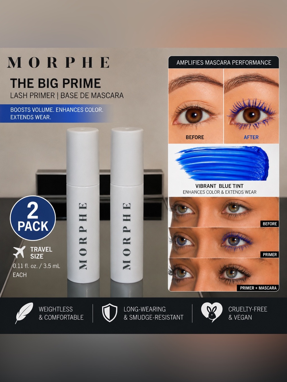 Morphe The Big Prime Lash Primer 2 Pack Blue Tint Travel Size 3.5ml Each‎ Vegan